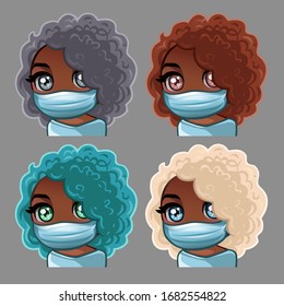 Emotion icons african american curly women in medical mask for social networks and stickers. Vector illustration