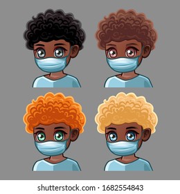 Emotion icons african american curly man in medical mask for social networks and stickers. Vector illustration