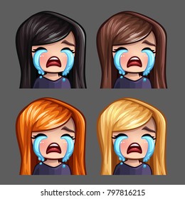 Emotion icons crying female with long hairs for social networks and stickers. Vector illustration