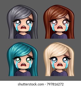 Emotion icons crying female with long hairs for social networks and stickers. Vector illustration