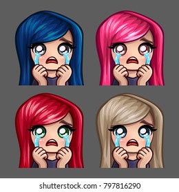Emotion icons crying female with long hairs for social networks and stickers. Vector illustration
