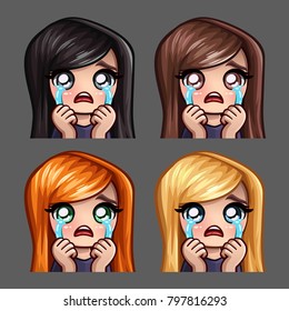 Emotion icons crying female with long hairs for social networks and stickers. Vector illustration