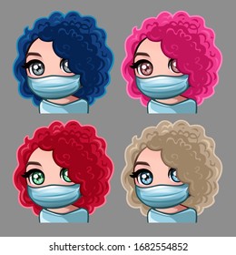 Emotion icons curly women in medical mask for social networks and stickers. Vector illustration