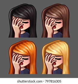 Emotion Icons Facepalm Female With Long Hairs For Social Networks And Stickers. Vector Illustration