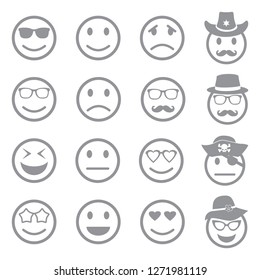 Emotion Icons. Gray Flat Design. Vector Illustration. 