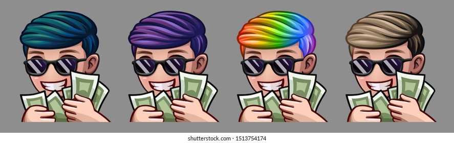 Emotion icons happy boy with sunglasses and money  for social networks and stickers. Vector illustration