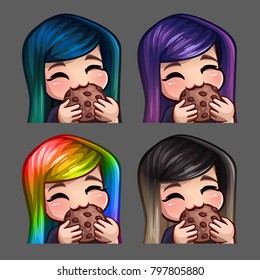 Emotion icons happy female eat cookie with long hairs for social networks and stickers. Vector illustration