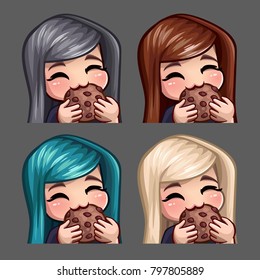 Emotion icons happy female eat cookie with long hairs for social networks and stickers. Vector illustration