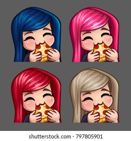 Emotion icons happy female eat pizza with long hairs for social networks and stickers. Vector illustration
