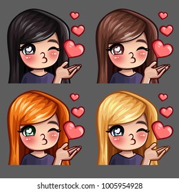 Emotion icons happy female kisses with long hairs for social networks and stickers. Vector illustration