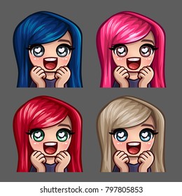 Emotion icons happy female love with long hairs for social networks and stickers. Vector illustration