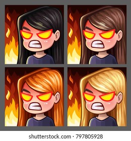 Emotion icons rage female with long hairs for social networks and stickers. Vector illustration