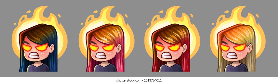 Emotion icons rage girl for social networks and stickers. Vector illustration