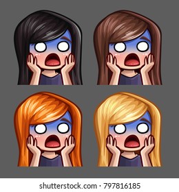 Emotion icons scared female with long hairs for social networks and stickers. Vector illustration