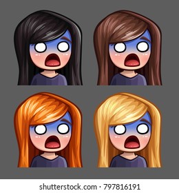 Emotion icons scared female with long hairs for social networks and stickers. Vector illustration