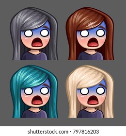 Emotion icons scared female with long hairs for social networks and stickers. Vector illustration