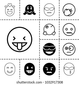 Emotion icons. set of 13 editable filled and outline emotion icons such as emot in sun glasses, angry emot