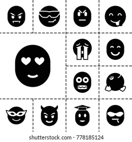 Emotion icons. set of 13 editable filled emotion icons such as emoji in mask, cool emot in sunglasses, emot showing tongue