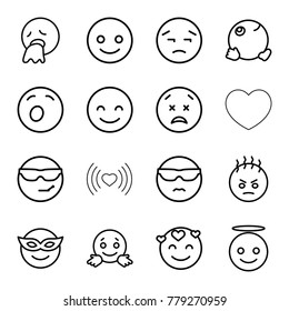 Emotion icons. set of 16 editable outline emotion icons such as smiling emot, emoji in mask, cool emot in sunglasses, emoji angel, dancing emoji