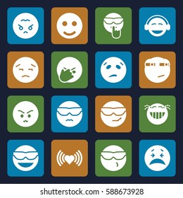 emotion icons set. Set of 16 emotion filled icons such as heart, emot in sun glasses, crying emot, emoji, rolling eyes emoji, angry emoji