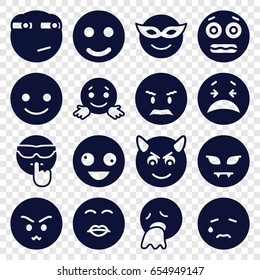 Emotion icons set. set of 16 emotion filled icons such as smiling emot, crazy emot, emoji in mask, shocked emoji, rolling eyes emoji