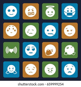 Emotion icons set. set of 16 emotion filled icons such as heart, wink emot, crying emot, emoji angel