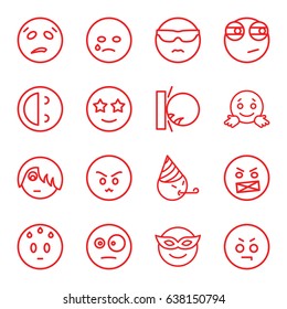 Emotion icons set. set of 16 emotion outline icons such as emoji in mask, crying emot, cool emot in sunglasses, happe emoji with star eyes