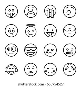 Emotion icons set. set of 16 emotion outline icons such as blush, emot in sun glasses, crying emot, emoji angel