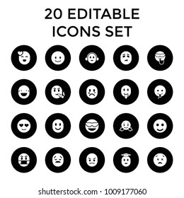 Emotion icons. set of 20 editable filled emotion icons such as smile, smiling emot, emot in sun glasses, emoji showing tongue. best quality emotion elements in trendy style.