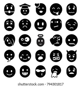 Emotion icons. set of 25 editable filled emotion icons such as smiling emot, blush, upset emot, graduate emoji, emoji showing tongue
