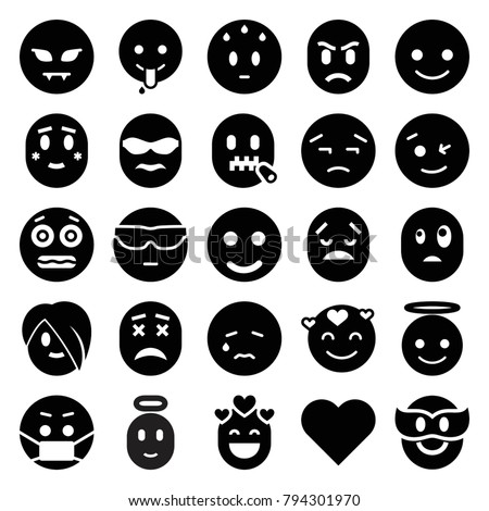 Emotion icons. set of 25 editable filled emotion icons such as smile, heart, smiling emot, wink emot, emoji angel