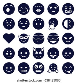 Emotion icons set. set of 25 emotion filled icons such as smiling emot, blush, emoji in mask, emot in sun glasses, shocked emoji