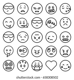 Emotion icons set. set of 25 emotion outline icons such as blush, crying emot, cool emot in sunglasses, shocked emoji, emoji in mask