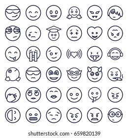 Emotion icons set. set of 36 emotion outline icons such as heart, heart face, smiley, smiling emot, wink emot, emoji in mask