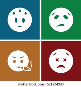 Emotion icons set. set of 4 emotion filled icons such as sweating emot, smoking emot
