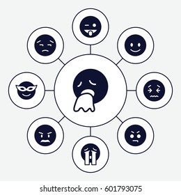 emotion icons set. Set of 9 emotion filled icons such as smiling emot, emoji in mask, angry emot, emoji showing tongue