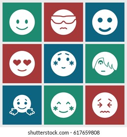 Emotion icons set. set of 9 emotion filled icons such as smiling emot, blush, cool emot in sunglasses, shy emoji