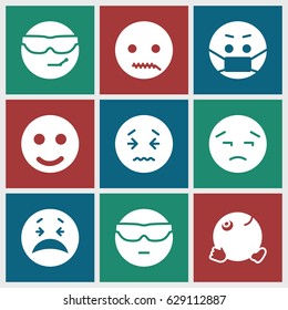 Emotion icons set. set of 9 emotion filled icons such as crying emot, cool emot in sunglasses, emoji in mask, dancing emoji