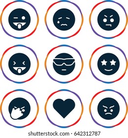 Emotion icons set. set of 9 emotion filled icons such as crying emot, cool emot in sunglasses, emoji showing tongue, happe emoji with star eyes