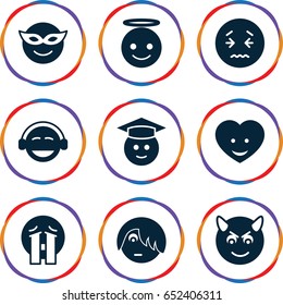 Emotion icons set. set of 9 emotion filled icons such as emoji in mask, emoji angel, devil emot, emo emot, upset emot