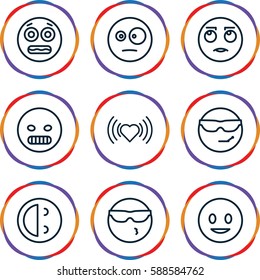 emotion icons set. Set of 9 emotion outline icons such as heart, smiling emot, cool emot in sunglasses