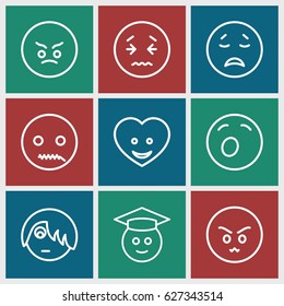 Emotion icons set. set of 9 emotion outline icons such as heart face, crying emot, angry emot