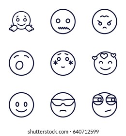 Emotion icons set. set of 9 emotion outline icons such as smiling emot, cool emot in sunglasses, shy emoji, rolling eyes emoji