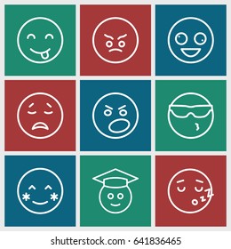 Emotion icons set. set of 9 emotion outline icons such as crazy emot, blush, crying emot