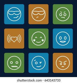 Emotion icons set. set of 9 emotion outline icons such as heart, smiling emot, blush