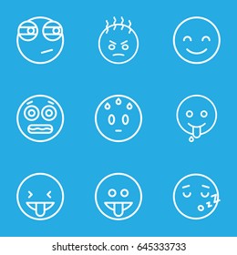 Emotion icons set. set of 9 emotion outline icons such as smiling emot, sweating emot, shocked emoji, emoji showing tongue