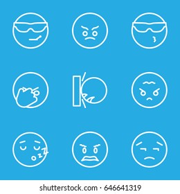 Emotion icons set. set of 9 emotion outline icons such as cool emot in sunglasses, angry emot