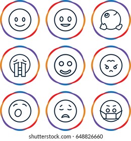 Emotion icons set. set of 9 emotion outline icons such as smiling emot, crying emot, yawn emot, crying emoji, emoji in mask