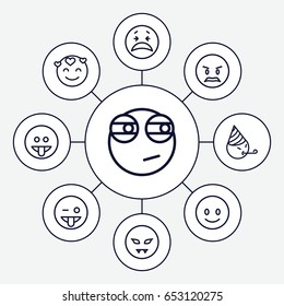 Emotion icons set. set of 9 emotion outline icons such as smiling emoji, crying emoji, emoji showing tongue