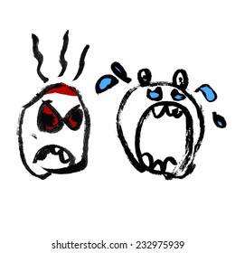 Emotion icons set  Ink drawn angry   crying heads 
